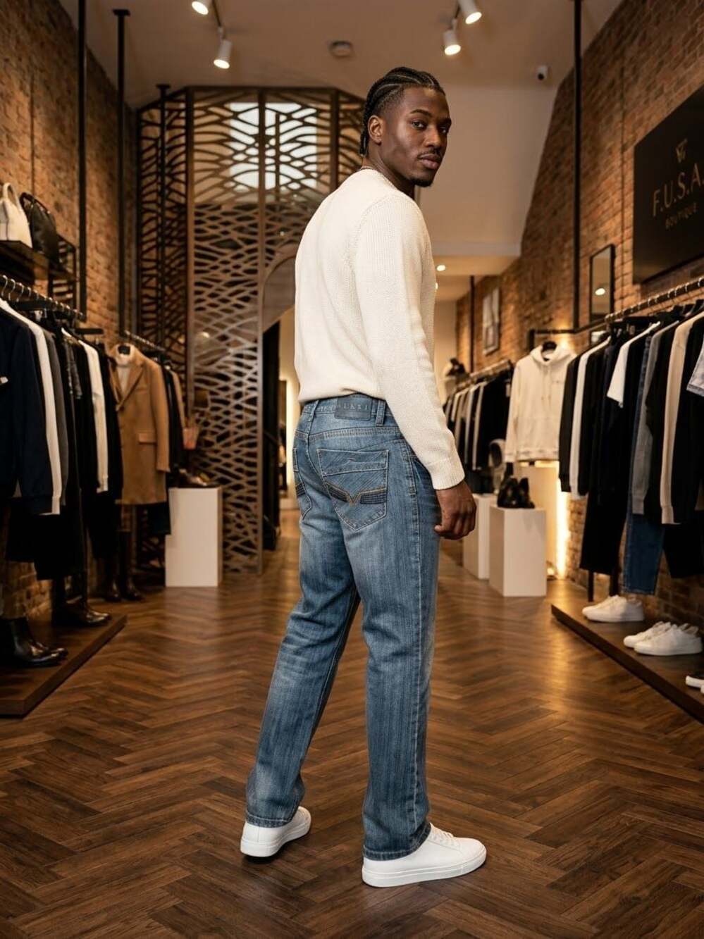 F.U.S.A.I. Embroidered Pocket Straight Leg Denim Jeans